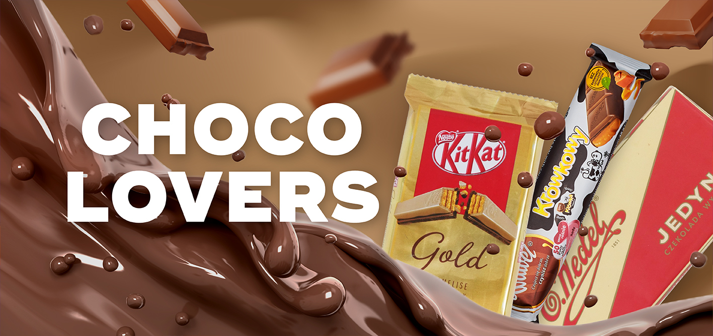 White text that reads 'Choco Lovers' with flowing melted chocolate, pieces of chocolate, and 3 chocolate bars still in their wrapper in the background